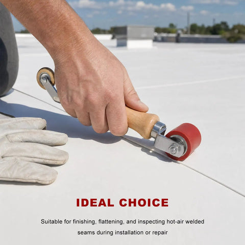Top Shelf 2 In 1 Seam Roller Kit Featuring A Smooth 40Mm Silicone Roller And Slick 6Mm Brass Penny Wheel For Rock Solid PVC TPO EPDM single ply roofing vinyl tarp sealing no sweat, a hand using the silicone roller.