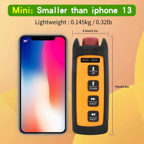Compact Ergonomic Industrial Wireless Crane Remote Control 110V Heavy Duty Hoist Winch Transmitter next to iPhone 13 for size comparison.
