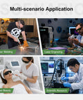 Multi-scenario application of Shop Ready Laser Safety Glasses Featuring Od6 Plus And Od7 Plus Filters in welding, engraving, beauty, and research.