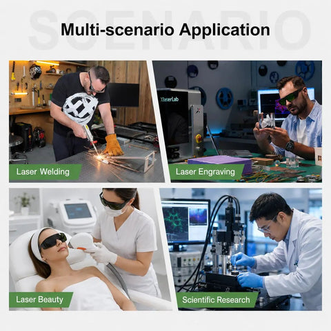 Multi-scenario application of Shop Ready Laser Safety Glasses Featuring Od6 Plus And Od7 Plus Filters in welding, engraving, beauty, and research.