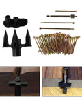 Squeaky Floor Repair Kit with 250 screws and precision tools for wood and vinyl floors, joist fastening detail.