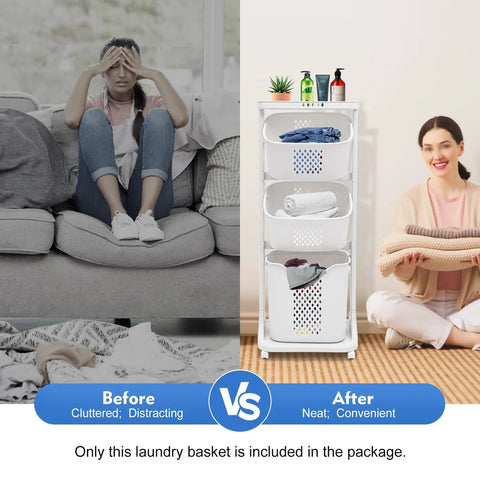 Before and after using Three Tier Rolling Laundry Cart with Wheels for Bathroom and Bedroom for organized storage.