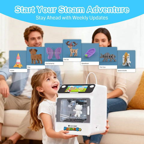 Next Level Mini 3D Printer For Kids With Auto Leveling And Hella Safe Kid Friendly Frame Plus Five Inch Touch Screen and Zero Fuss Preassembled Build in use by a smiling girl.