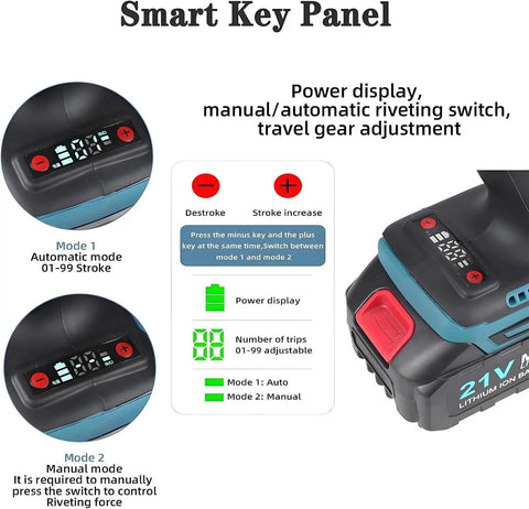 Smart key panel of Rock Solid Cordless Automatic Rivet Gun Kit, features power display, stroke adjustment, and mode selection.