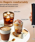 Rechargeable Milk Frother Handheld For Coffee With 3 Speeds 2 Heads And Stand Barista Grade in black next to iced and latte coffees
