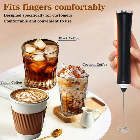 Rechargeable Milk Frother Handheld For Coffee With 3 Speeds 2 Heads And Stand Barista Grade in black next to iced and latte coffees