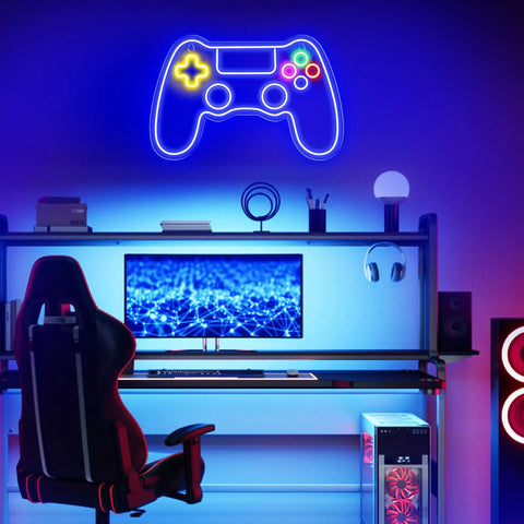 Neon Game Controller LED Sign For Gaming Room Decor cool LED light above modern gaming setup with chair and desk