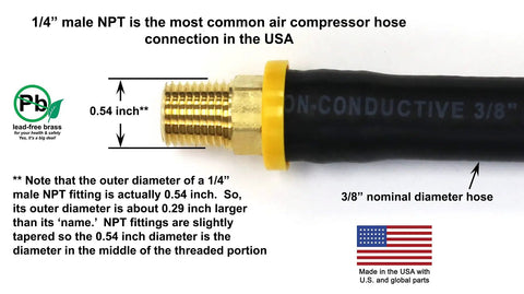 1/4" male NPT brass fitting with black air hose, part of Badass 12 Inch Short Air Compressor Hose Built Like A Tank.