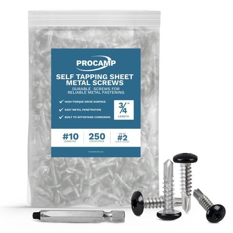 250 Pack Black Self Tapping Sheet Metal Screws For RV And Trailer Skin, Number Ten By Three Quarters Inch With Double Square Drive Bit