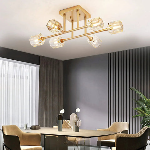 6 Light Brushed Gold Semi Flush Mount Ceiling Light Fixture over dining table in a modern room