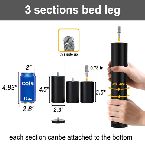 Adjustable Bed Leg Replacement Set For Bed Base Frame DIY Friendly, showing size comparison and assembly of three-section legs.