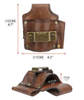 Front and side views of Leather Tool Holster With Hammer Loop, Tape Measure Holder, And Pencil Pouch For Belt showing dimensions.