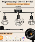 Plug In Track Lighting Kit With 3 Light Directional Ceiling Fixtures In Black Farmhouse Style with E26 base and 16.4 ft cord