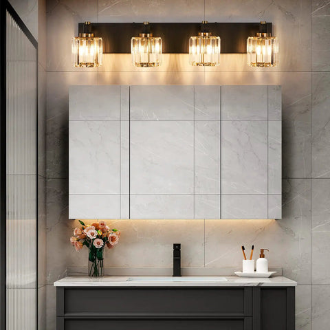 Modern Crystal Vanity Light Fixture For Bathroom Four Light Bar in Black and Gold Finish with E12 Bulb over bathroom mirror