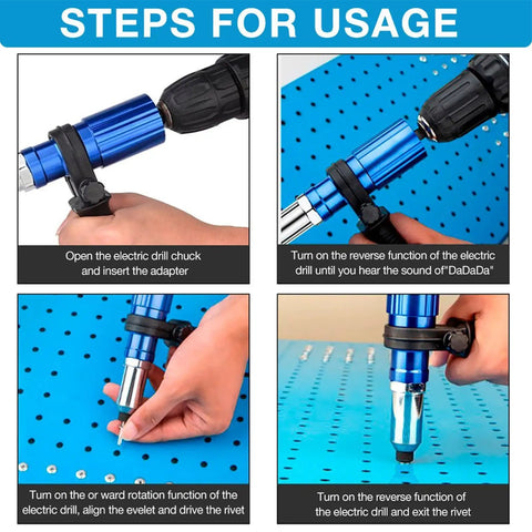 Steps using Cordless Drill Rivet Attachment Kit For Automotive Metal Aluminum Projects, Pop Rivet Adapter For Fastening