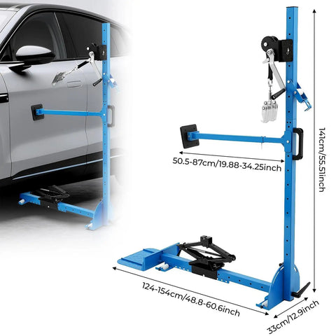 Dent Repair Puller Kit With 1763 Lbs Pulling Power shown next to car, adjustable height 10-160 cm, heavy duty tool