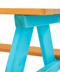 Close-up of Wooden Outdoor Kids Picnic Table And Bench Set in Brown And Aqua, showing durable wooden bench leg and table corner.