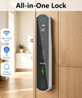 Wifi Video Doorbell Smart Lock Featuring Eight Keyless Methods Palm Vein Facial Recognition Fingerprint Pin Card App Control For Heavy Duty Home Security Zero Sweat Tight Security Setup installed on wooden door with touchscreen.