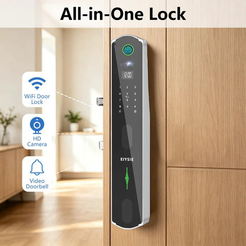 Wifi Video Doorbell Smart Lock Featuring Eight Keyless Methods Palm Vein Facial Recognition Fingerprint Pin Card App Control For Heavy Duty Home Security Zero Sweat Tight Security Setup installed on wooden door with touchscreen.