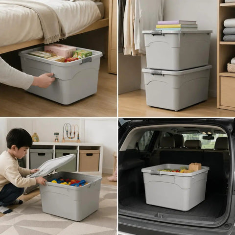 Heavy Duty Stackable Storage Totes With Secure Hinged Lids And Smooth Rolling Casters Plus Reinforced Side Handles in gray, used for closet organization.