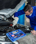 Mechanic using Blue Silicone Tool Tray For Auto Repairs Flexible Magnetic Tool Holder With Small Parts Tray on car engine