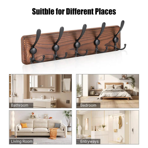 Rustic Wall Mount Coat Rack With Five Triple Hooks Heavy Duty Solid Wood Coat Hanger for various room placements.