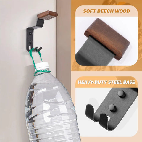 Heavy Duty Solid Steel And Premium Natural Wood Motorcycle Helmet Wall Mount Rack With Rust Resistant Matte Black Finish Built Tough For Motorcyclists Rock Solid Garage Gear Stash Two Pack holding a water bottle.
