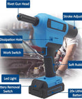 Pro Grade Heavy Hitter Cordless Rivet Gun With 20V Brushless Motor detailing features like LED light and soft rubber grip.