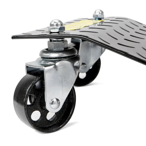 Close-up of a Four Pack Premium Badass Wheel Dolly with solid rubber wheels, metal frame, designed for easy vehicle movement.