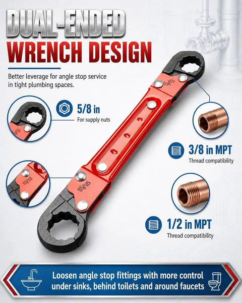 Knockout Compression Valve Removal Tool And Angle Stop Wrench Kit With Wall Protector Pads For Smooth Shutoff Valve Replacement and dual-ended wrench for plumbing.