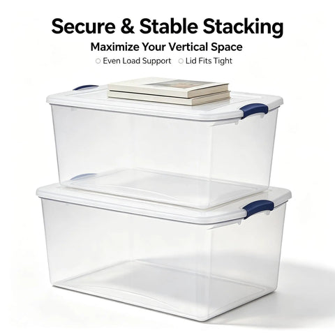 Extra Large Clear Storage Bin with Lid Stackable Plastic Tote Hella Spacious Snap Latch secure stacking with books on top.