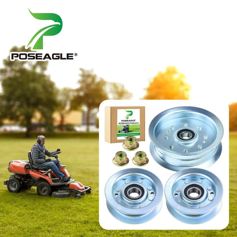 Two Piece Idler Pulley Kit For Mower Deck Featuring Straight Up Reliable Gy22172 And Gy20629 Oem Replacement Parts with steel construction.