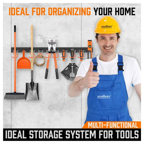 64 Inch Adjustable Wall Mount Tool Organizer Rack For Garage And Shed with tools displayed and man giving thumbs up