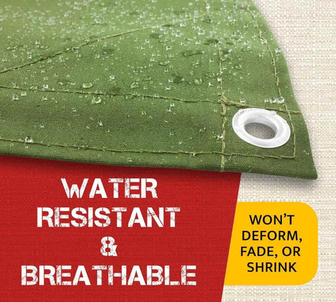 Olive Green 12x16 Tarp, 12 Oz Polyester Heavy Duty, Water Resistant And Breathable with grommet and water droplets visible