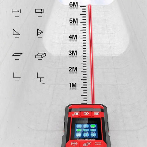 Slick Big Time Portable Wall Scanner And Rechargeable Stud Finder With Laser Marking Digital Angle Gauge and Sharp Color Display measuring distances on a wall.