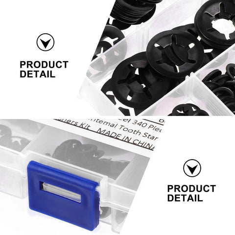 Close-up view of 340-Piece Internal Tooth Lock Washers Assortment Kit With Push-On Clips for fasteners in machinery use.