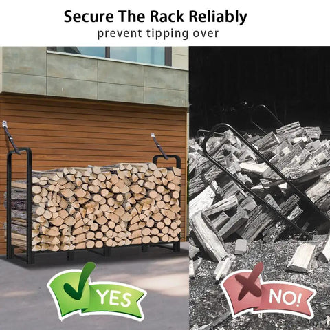 Comparison of 8ft Outdoor Firewood Rack With Heavy Duty Stand And Adjustable Length showing secure vs unstable log storage.