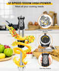 Six In One Immersion Blender With 1000W Motor And 12 Speed Settings, shown with stainless steel blades and splash effect design