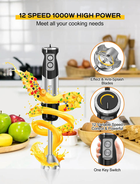 Six In One Immersion Blender With 1000W Motor And 12 Speed Settings, shown with stainless steel blades and splash effect design