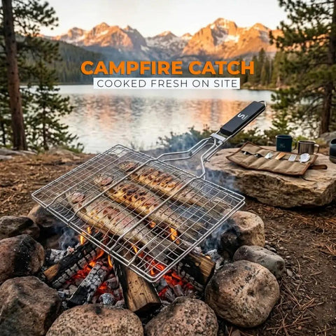 Outdoor Grill Basket For Fish, Shrimp, Veggies And Meat, Stainless Steel With Detachable Heat Resistant Handle over campfire