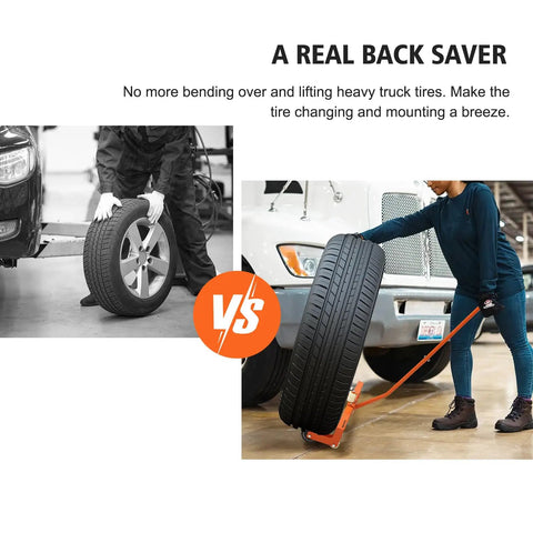 Comparison image of using Heavy Duty Tire Dolly With Smooth Rolling 360 Swivel Casters And Rock Solid Adjustable Base For hassle free wheel moving.