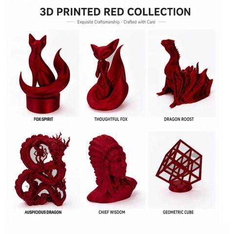 Slick Deep Red PLA High Speed 3D Printer Filament 1.75MM Smooth As Butter For Crushing Figures And Miniatures Dope Glossy Ruby Finish 1Kg Spool in various 3D printed red models.
