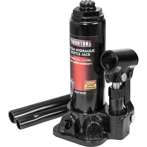Built Like A Tank 2 Ton Hydraulic Bottle Jack For Garage Crews Daily Drivers And Pros Featuring Heavy Steel Body And Grease Resistant Finish To Power Through Tough Lift Tasks, showing a sturdy black bottle jack with hydraulic pump.