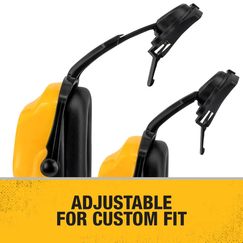 Side view of Dielectric Cap Mount Earmuff With Adjustable Extendable Arms Foldable For Comfort NRR 25 Yellow Earcups With Black Accents