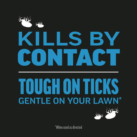 Text highlighting "Kills by Contact" with tick illustrations, part of Tick Killer Yard Spray RTS for Lawn and Garden packaging.