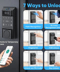Premium Smart WiFi Door Lock Featuring Rapid Facial Recognition And Palm Vein Fingerprint Scanning For No Sweat Keyless Entry showing seven unlock methods.