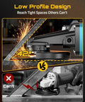 Heavy Duty Brushless Flathead Angle Grinder Kit With 21V Lithium Ion Muscle showcasing low profile design for tight spaces.