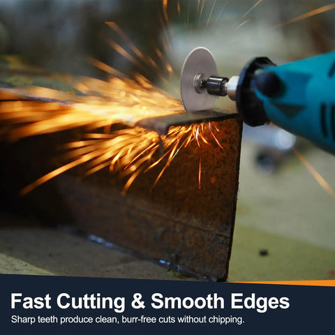Top Shelf High Speed Cutting Wheel Set Eight Piece Multipurpose Metal Abrasive Blades For Rotary Power Tools in action cutting metal.
