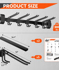 Premium Heavy Duty Ski And Snowboard Wall Rack For Garage Features Hella Adjustable Hooks and Rock Solid Steel Brackets for securely holding all your ride equipment, showing product dimensions.