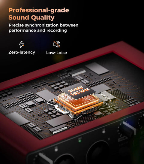 Close-up of USB audio interface circuit board with text overlay, featuring All In One USB Audio Interface For Recording, Podcasting And Streaming, 24 Bit 192 KHz, Plug And Play With 48V Phantom Power, Instrument Input, Zero Latency Monitoring, PC Mac iOS Compatible, Starter Studio Setup.